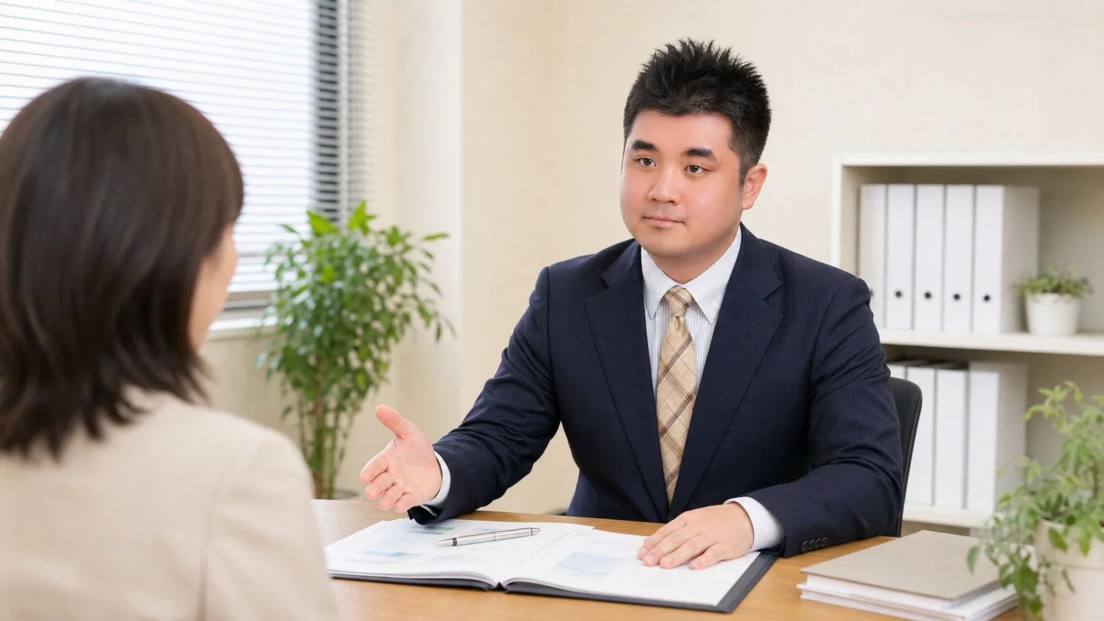 相談者に資料を示しながら説明する長谷川雅貴税理士